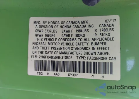 2017 Honda Civic Lx z USA, uszkodzony, nr VIN 2HGFC4B56HH310602